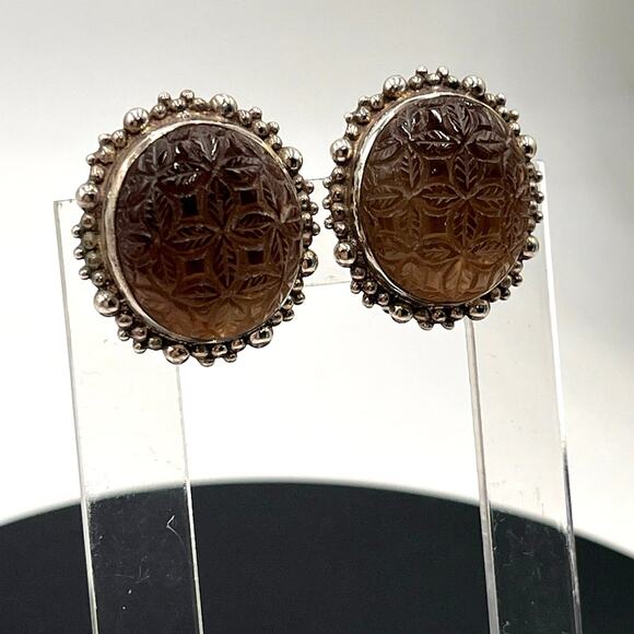 Stephen Dweck Designer Sterling Carved Smoky Quartz Oval Clip-On Floral Earrings - Picture 1 of 12